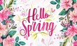 Hello spring - modern calligraphy inspirational text on multicolored floral background.