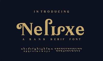Wall Mural - Nelisxe Creative modern alphabet. Dropped stunning font, type for futuristic logo, headline, creative lettering and maxi typography. Minimal style letters with yellow spot. Vector typographic desi