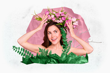 Sticker - Collage image of charming positive girl hands touch tulip flowers wreath head plane leaves isolated on paper background