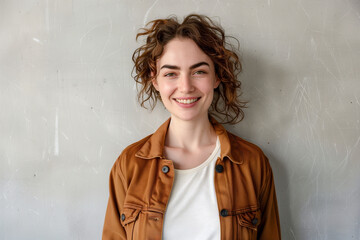 Wall Mural - Youthful Beauty in Casual Attire: A Radiant Young Woman's Portrait Against a Textured Backdrop