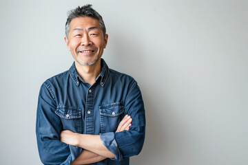 Wall Mural - Confident Asian Businessman in Casual Denim Shirt Smiling with Arms Crossed on a Plain Background