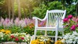 white wood chair in the flowers garden white wood chair in the flowers garden on summer