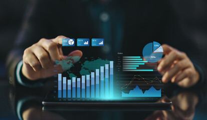 Wall Mural - Business data analysis of digital financial technology and economic statistics growth graph. Concept of virtual dashboard technology digital marketing and global economy network connection.