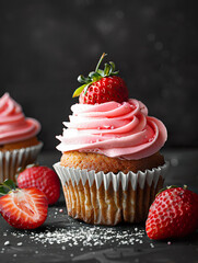 A gourmet cupcake topped with smooth strawberry frosting and a fresh berry, set against a dark, elegant backdrop. 