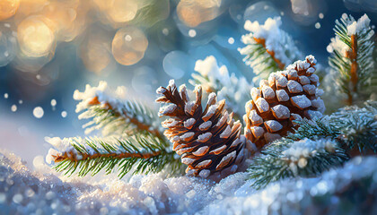 Wall Mural - Christmas winter blurred background. Xmas tree with snow decorated with garland lights, holiday festive background. Widescreen backdrop. New year Winter art design, wide screen holiday border