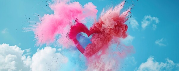 Wall Mural - Colorful Powder Heart Shape Love Blowing Up. Holi Powder Blast on Sky, Multicolor Powder Smoke Explosion