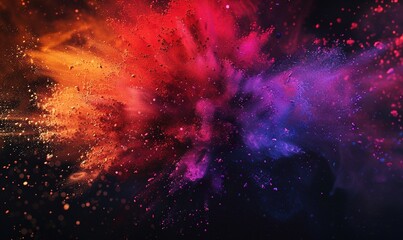 Wall Mural - Explosion of bright colorful paint on black background, burst of multicolored powder, abstract pattern of colored dust splash