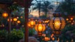 Lanterns decorate in the garden at night time.