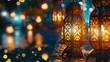 Decorated Arabic lanterns with lighted candles light up at night. Festive greeting card, invitation for the Muslim holy month of Ramadan Kareem - Eid Ul Fitr - generative ai