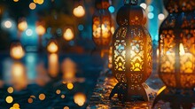 Decorated Arabic Lanterns With Lighted Candles Light Up At Night. Festive Greeting Card, Invitation For The Muslim Holy Month Of Ramadan Kareem - Eid Ul Fitr - Generative Ai