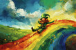 Excited leprechaun sliding down rainbow in colorful landscape. Action-packed illustration of folklore character. Adventure and luck concept for children's literature and Saint Patrick's Day celebratio