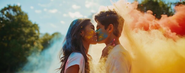 Wall Mural - Cheerful young Indian couple in love playing with colorful powder color or gulal celebrating holi festival at park and kissing outdoor