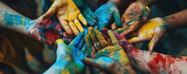 Group of Indian people showing hands in colorful holi color paint. Holi Celebration. Holi Concept. Indian Concept