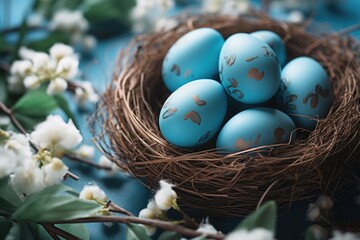 Wall Mural - Nest filled with blue eggs on blue table. Suitable for nature and Easter concepts