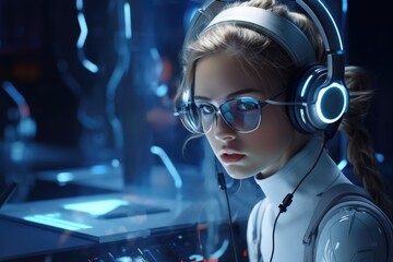 Wall Mural - Young girl with headphones and glasses using computer. Suitable for technology concept