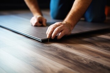 Sticker - A person placing a wooden plank on a floor. Suitable for construction or DIY projects