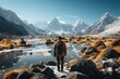 A man looking at a glacier in freezing sunny weather.