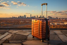 A Suitcase In The Background Of An Airplane With A View Of The City Behind It.