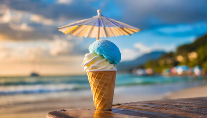 Wall Mural - Ice-cream on the beach with cocktail umbrella