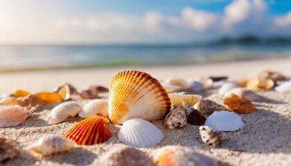 Sticker - Close-up bunch of shells on the sea shore. Sandy beach. Ocean view