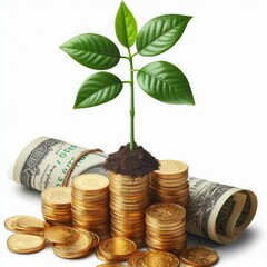 A plant coming out of gold coins isolated on white background 