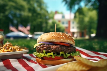 Wall Mural - A delicious hamburger with lettuce, tomato, and onion served with a side of chips. Perfect for food and restaurant concepts