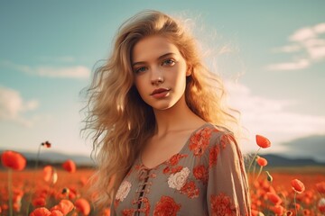 Canvas Print - A woman standing in a field of red flowers, suitable for nature and beauty concepts