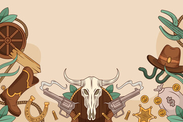 Hand drawn flat cowboy background with wild west elements