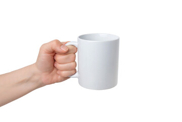 Poster - Transparent hand holds a blank white mug, ready for Print-on-Demand design promotion. Versatile, customizable, and ideal for showcasing personalized creations