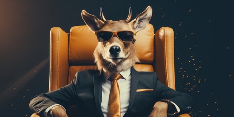 Sticker - A humorous image of a deer wearing sunglasses while sitting in a chair. Can be used for fun and quirky designs