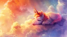 Chubby Unicorn Napping On A Cloud Pastel Background Creating A Serene Fantasy World