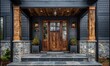 A grey modern farmhouse front door with a covered porch, wood front door with glass window, and grey vinyl and wood siding