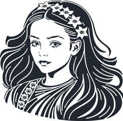 Young brunette woman with a flower on her head, vector illustration	