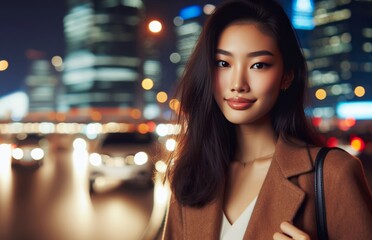 Wall Mural - Young asian woman in the city night 