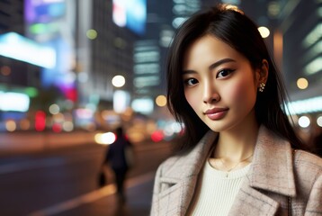 Wall Mural - Young asian woman in the city night 