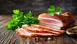  delicious sliced bacon on wooden table with parsley 