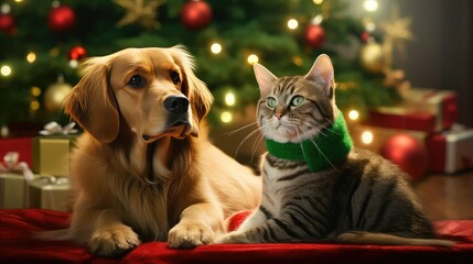 Canvas Print - santa christmas cat and dog