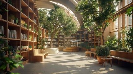 A futuristic public library in an eco-city, with natural wood structures, abundant plant life for air purification