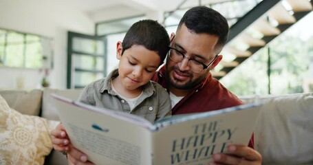 Canvas Print - Father, son and reading a book on sofa for learning, teaching and education for knowledge and bonding in home. Family, man and boy child with storytelling on couch for helping, development or support