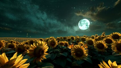 Wall Mural - night sky and moon on sunflower field. Seamless looping time-lapse virtual 4k video animation background