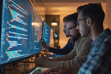 Brainstorming IT Programmers Use Computer Together, Software Engineers Develop App Program