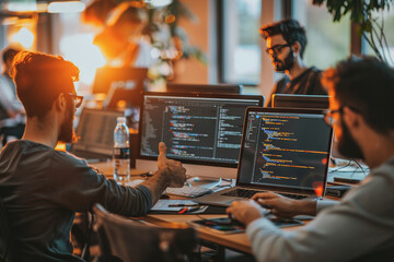 Brainstorming IT Programmers Use Computer Together, Software Engineers Develop App Program