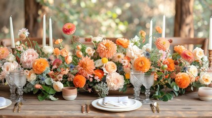 Wooden dining table with flowers decoration and tableware