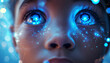 A close up of an AI childs face eyes glowing with data streams as they interface directly with cloud computing networks learning and evolving a testament to the potential of AI in shaping future
