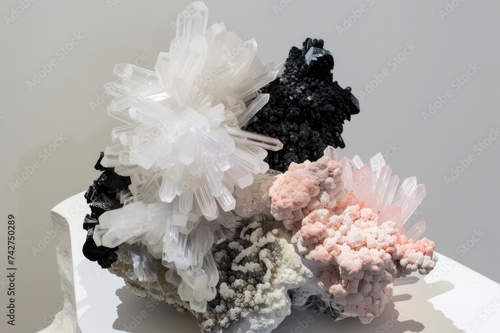 Various colored rocks are arranged on top of a white table, showcasing ...