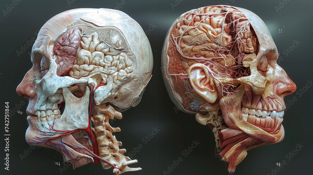 Detailed anatomical model of a human skull with exposed muscles, brain ...