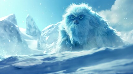 Wall Mural - A snowy landscape where a yeti peers curiously at the viewer from behind a large ice formation, its fur dusted with snowflakes. 8k