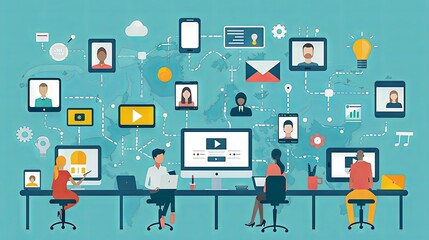 illustration of business people holding virtual meetings and connecting with each other to the internet