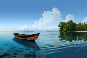 Wall Mural - A lone small wooden rowing boat is moored in calm water. The illustration creates a serene mood