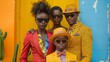 © Aimage - fashion photo of a family from Africa with 1 boy and 1 girl taking a photo together in front of the house wearing colorful clothes and wearing hats